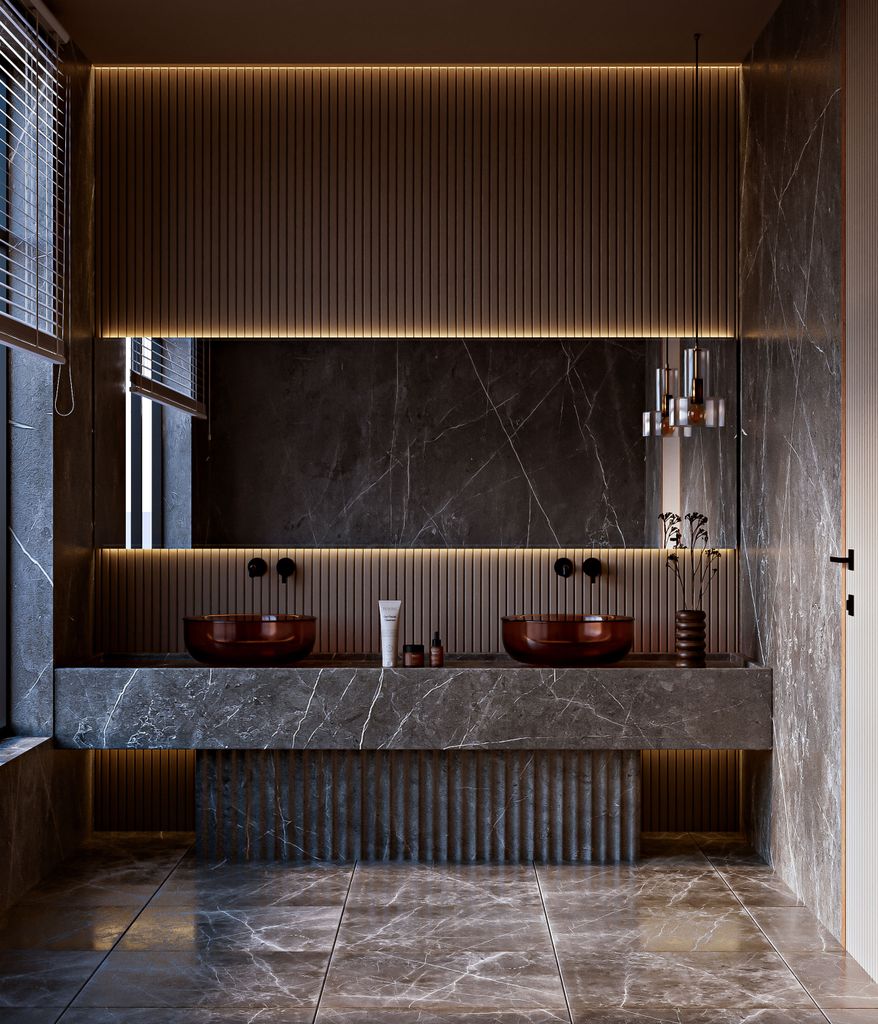 Elegant modern bathroom with marble design, double sink, and ambient warm lighting.